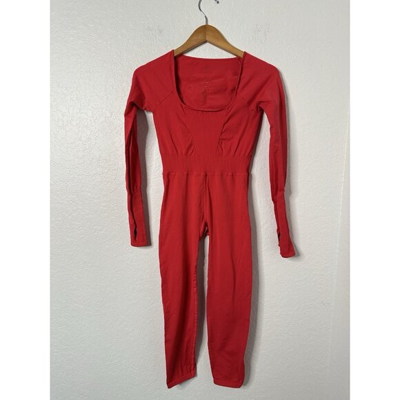 Free People Movement Red Good Karma L Sleeve Jumpsuit Bodysuit Thumbholes XS/S - Picture 2 of 7
